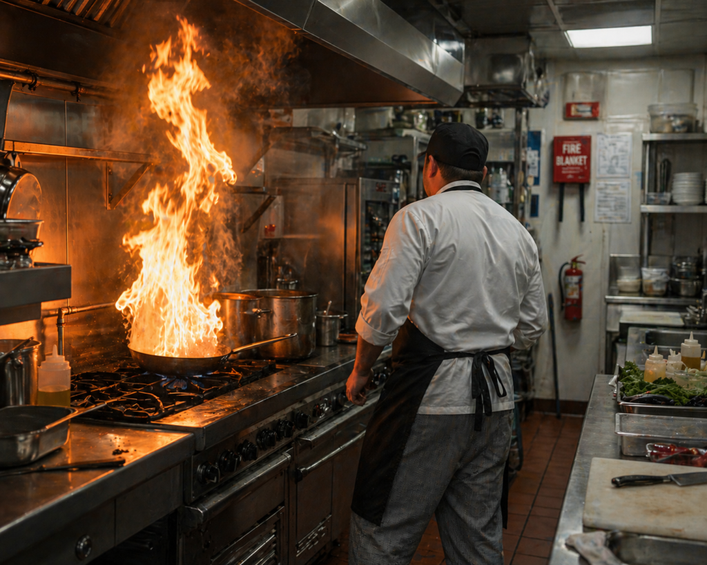 pan fire in a restaurant kitchen with a chef nearby