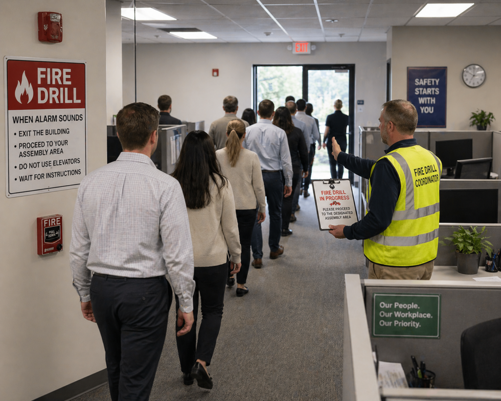 Work place people filing out during a fire drill