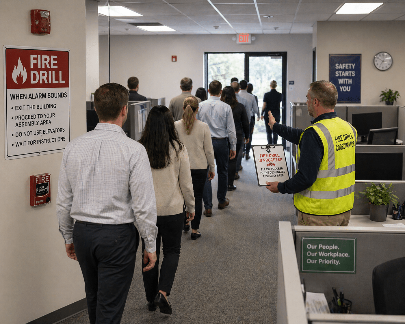 Work place people filing out during a fire drill