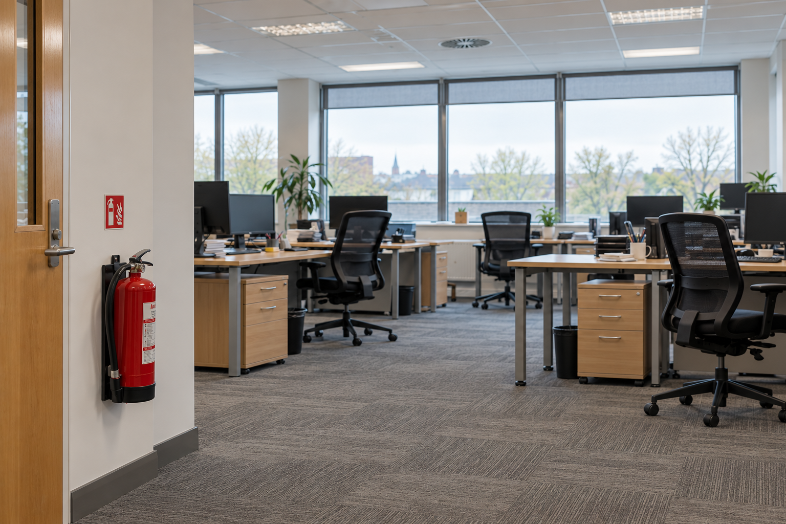 Office area with fire extinguisher on wall